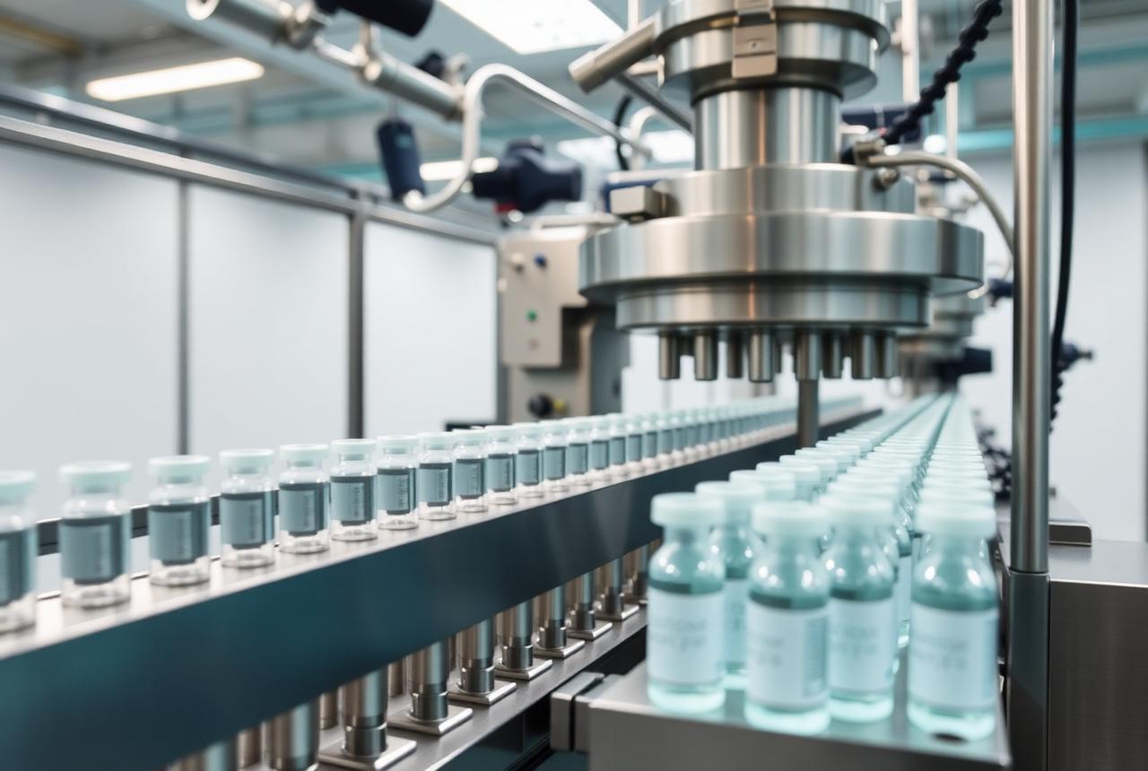 Sterile dry powder injection vial filling line in a clean room