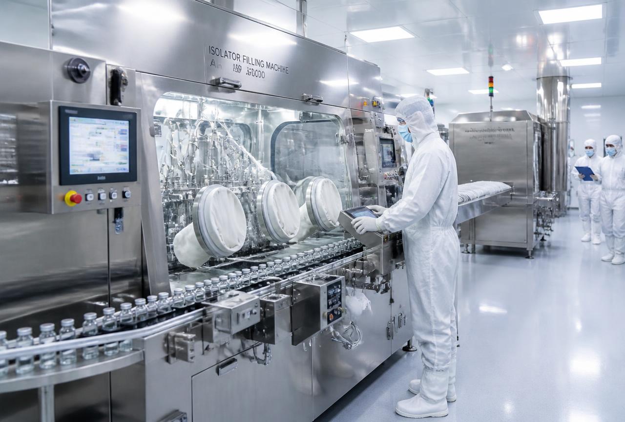 Sterile dry powder injection vial filling line in a classified clean room